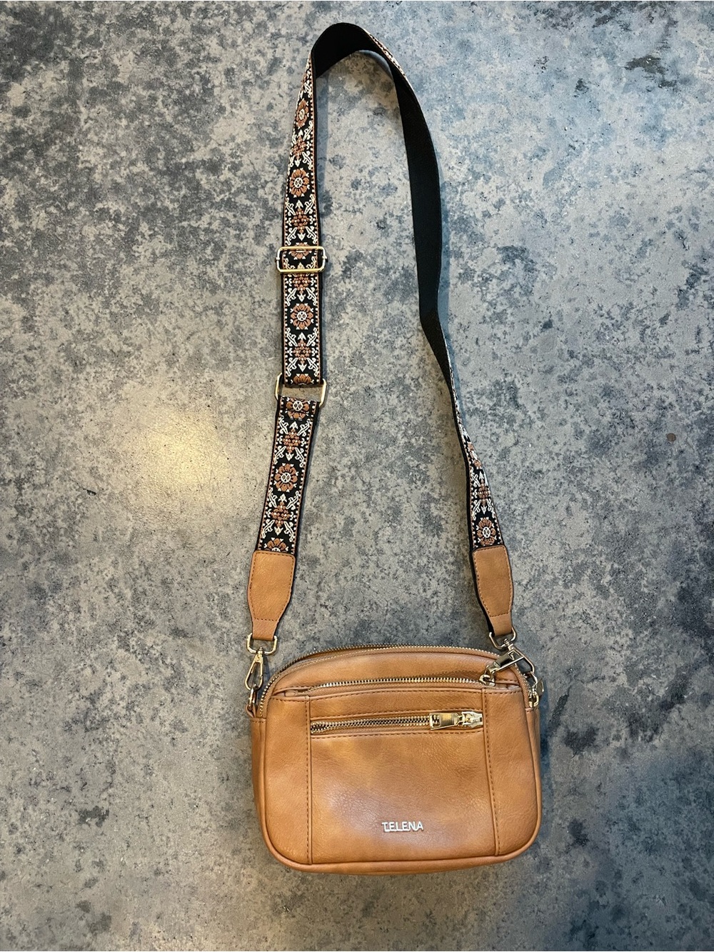Telena Tan Leather Crossbody Bag with Patterned Adjustable Strap